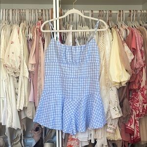 SHEIN Blue and White Gingham Romper with Flared Hem